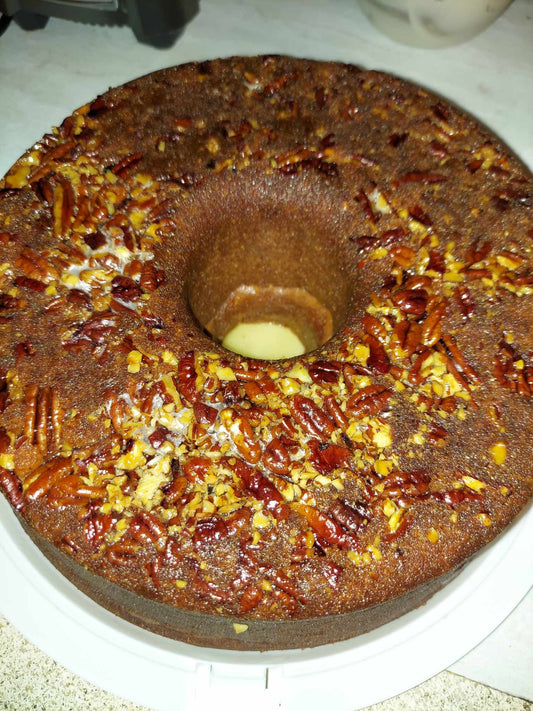 Sweet Potato Pecan Cream Cheese Pound Cake with Bourbon Glaze